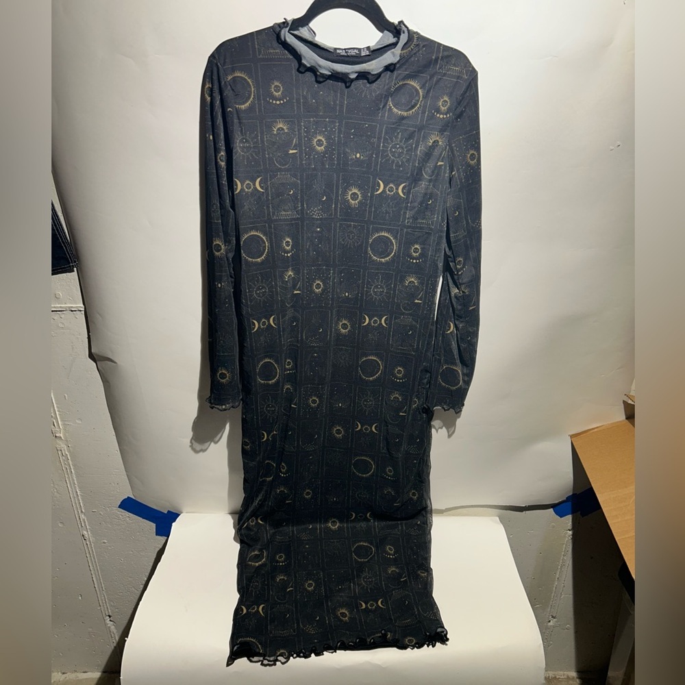 Nasty Gal dress. Black with gold sun and moon prints. Size large.